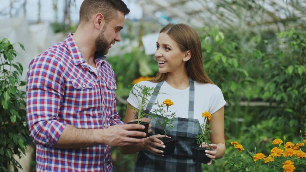 Couple holding plants in a garden center