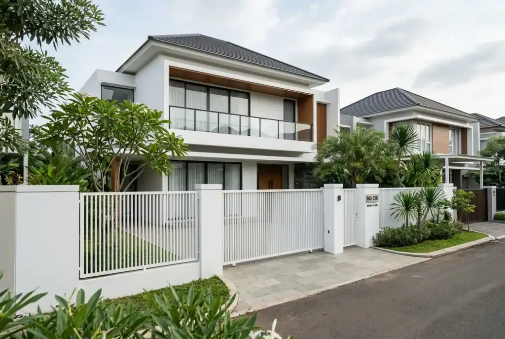Pagar Minimalis Putih dengan Dinding Beton
